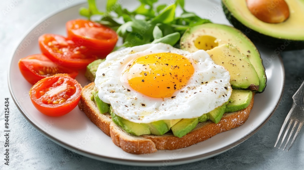 avocado toast with a poached egg and a side of fresh tomatoes, showcasing a balanced breakfast avocado toast with a poached egg and a side of fresh tomatoes, showcasing a balanced breakfast