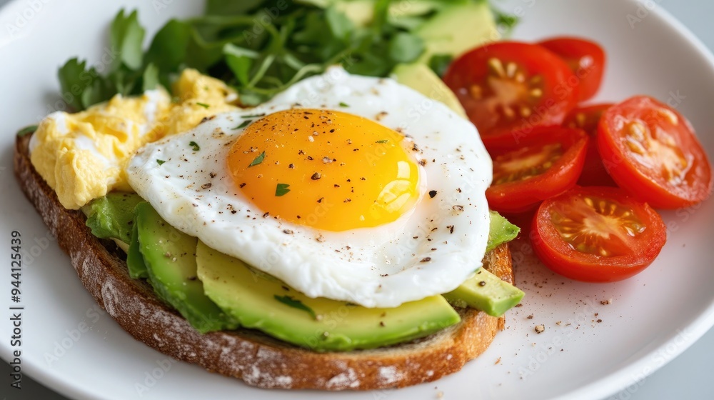 avocado toast with a poached egg and a side of fresh tomatoes, showcasing a balanced breakfast avocado toast with a poached egg and a side of fresh tomatoes, showcasing a balanced breakfast