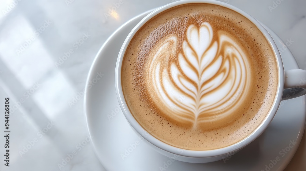 Artisan coffee with latte art served in a stylish cup on a saucer Artisan coffee with latte art served in a stylish cup on a saucer