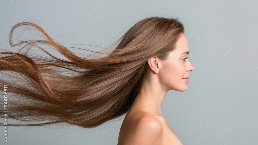 A woman stands elegantly with her long hair flowing in the air, highlighting her profile and giving a sense of movement and grace against a soft gray backdrop A woman stands elegantly with her long hair flowing in the air, highlighting her profile and giving a sense of movement and grace against a soft gray backdrop