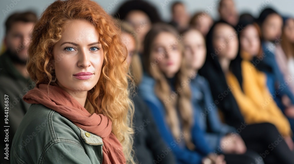 The young woman with bright curly hair sits among a diverse audience, focusing on the speakers at a lively conference held in a well-lit hall during the afternoon The young woman with bright curly hair sits among a diverse audience, focusing on the speakers at a lively conference held in a well-lit hall during the afternoon