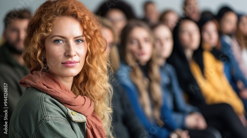 The young woman with bright curly hair sits among a diverse audience, focusing on the speakers at a lively conference held in a well-lit hall during the afternoon