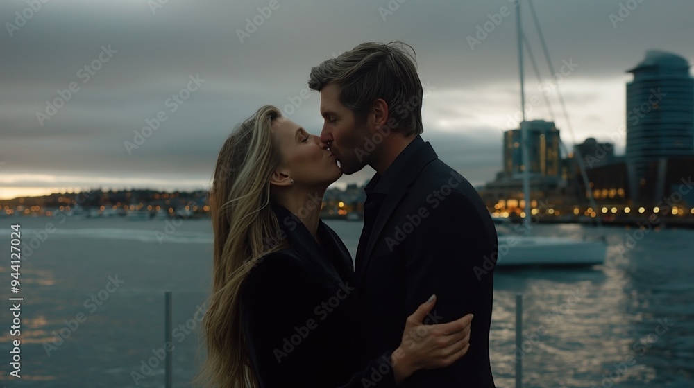 At twilight by the water, a couple embraces and kisses, surrounded by a bustling cityscape. The soft glow of lights reflects on the calm surface, creating a romantic atmosphere At twilight by the water, a couple embraces and kisses, surrounded by a bustling cityscape. The soft glow of lights reflects on the calm surface, creating a romantic atmosphere