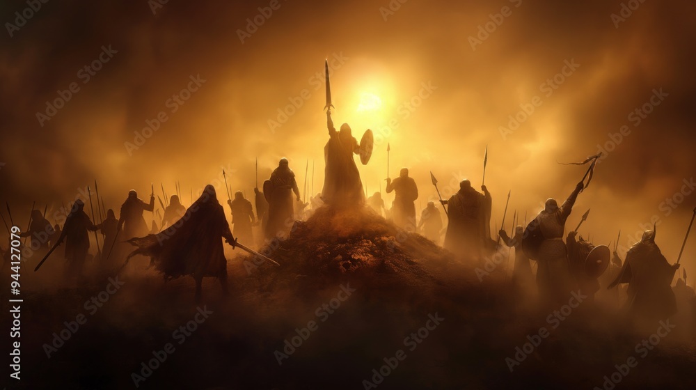 Fototapeta premium Silhouettes of armed warriors gather on a barren landscape as the sun sets, creating a dramatic atmosphere filled with tension and anticipation for an impending battle