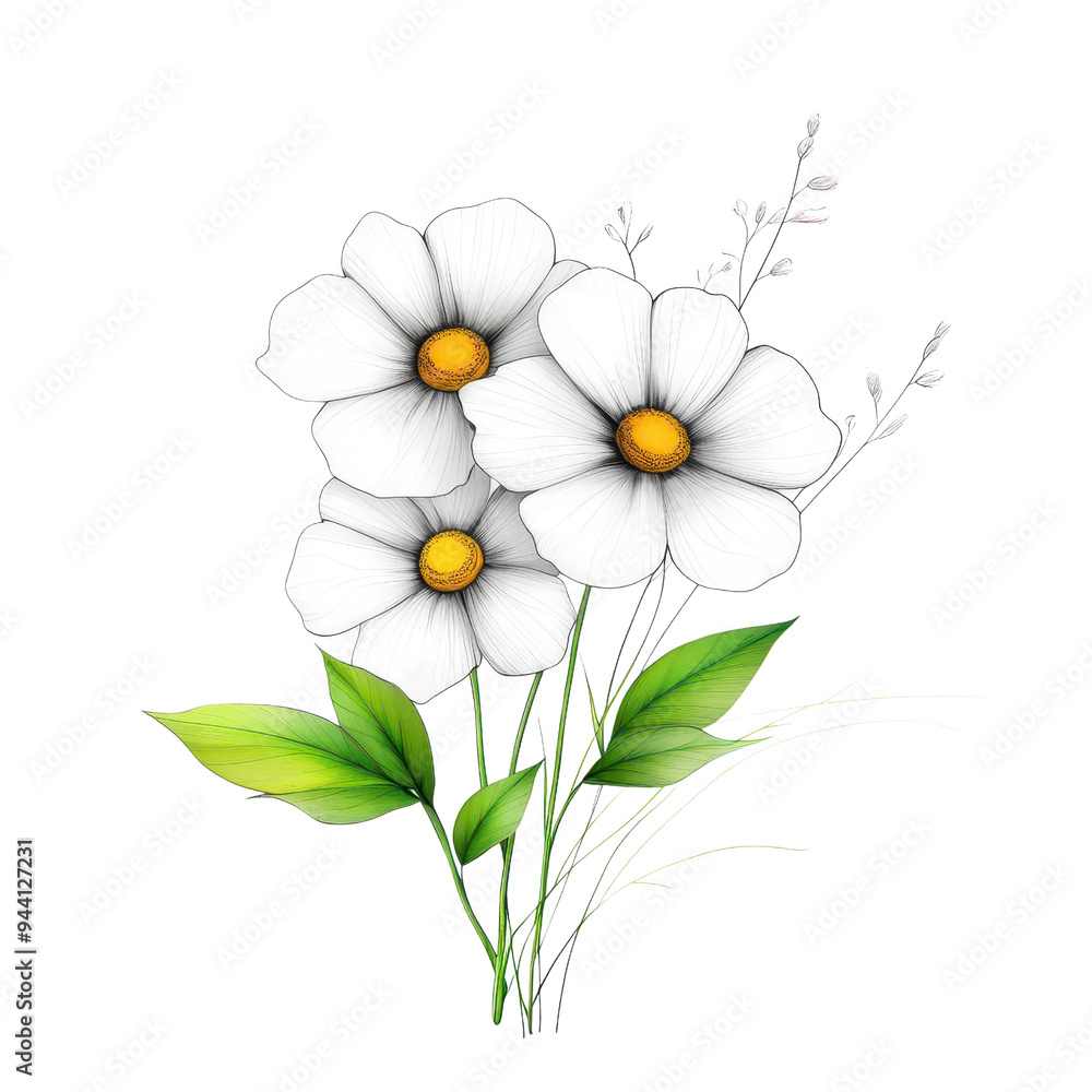 Fototapeta premium A beautiful bouquet of white flowers with yellow centers, surrounded by lush green leaves, perfect for decoration.