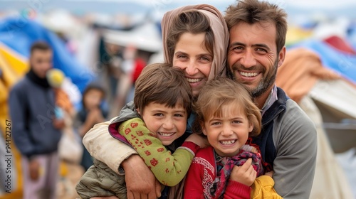 Refugee family reunited with loved ones at a camp, expressions of joy and relief, emotional embraces, sense of family bonds and resilience, temporary shelters and diverse backgrounds visible photo