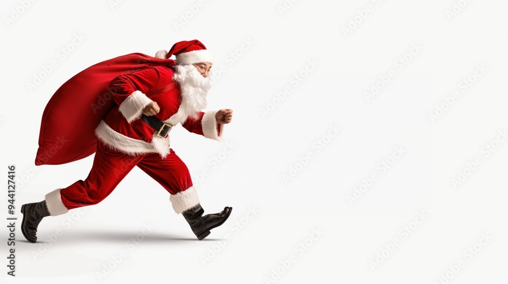Santa Claus dashes forward, wearing a classic red outfit complete with a white beard and a large sack, embodying the spirit of Christmas cheer and excitement Santa Claus dashes forward, wearing a classic red outfit complete with a white beard and a large sack, embodying the spirit of Christmas cheer and excitement