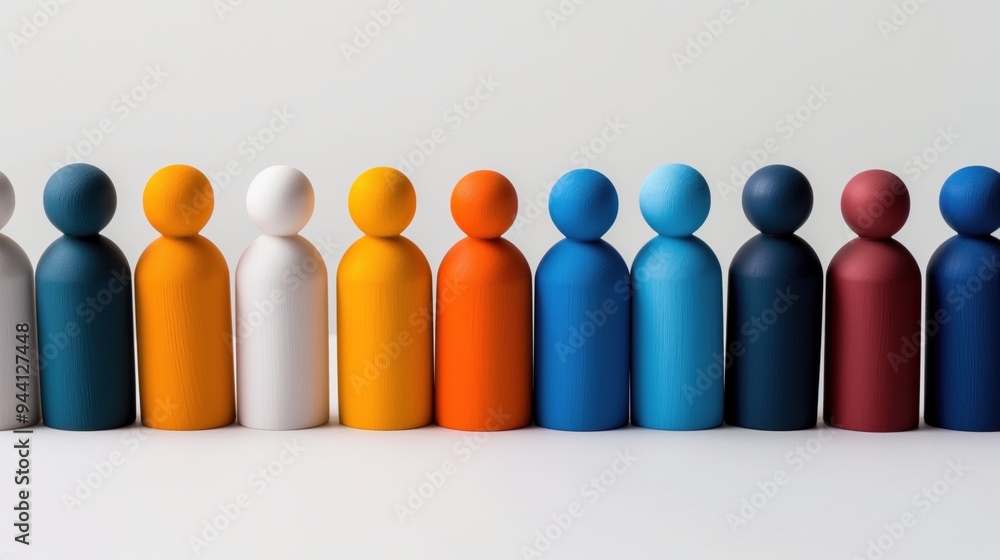 A variety of colorful wooden figures stand in a straight line on a simple white background, highlighting their unique shapes and vibrant hues while offering a visually appealing arrangement A variety of colorful wooden figures stand in a straight line on a simple white background, highlighting their unique shapes and vibrant hues while offering a visually appealing arrangement