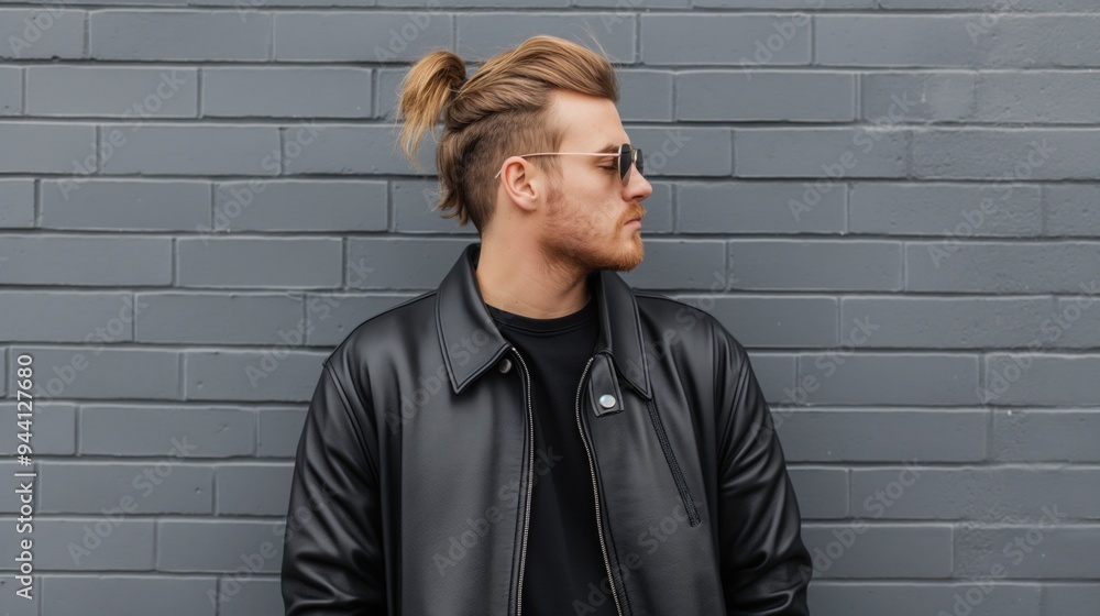A young man stands confidently against a gray brick wall, sporting a trendy hairstyle and fashionable sunglasses, embodying contemporary urban style A young man stands confidently against a gray brick wall, sporting a trendy hairstyle and fashionable sunglasses, embodying contemporary urban style
