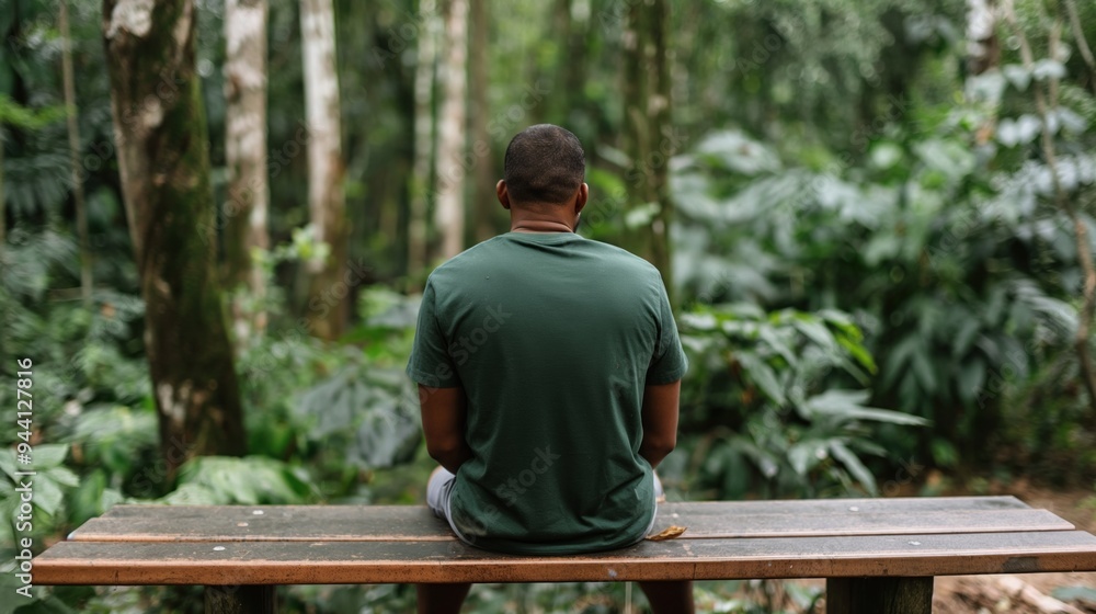 A person quietly reflects while seated on a bench surrounded by dense forest foliage, immersed in the serene beauty of nature A person quietly reflects while seated on a bench surrounded by dense forest foliage, immersed in the serene beauty of nature