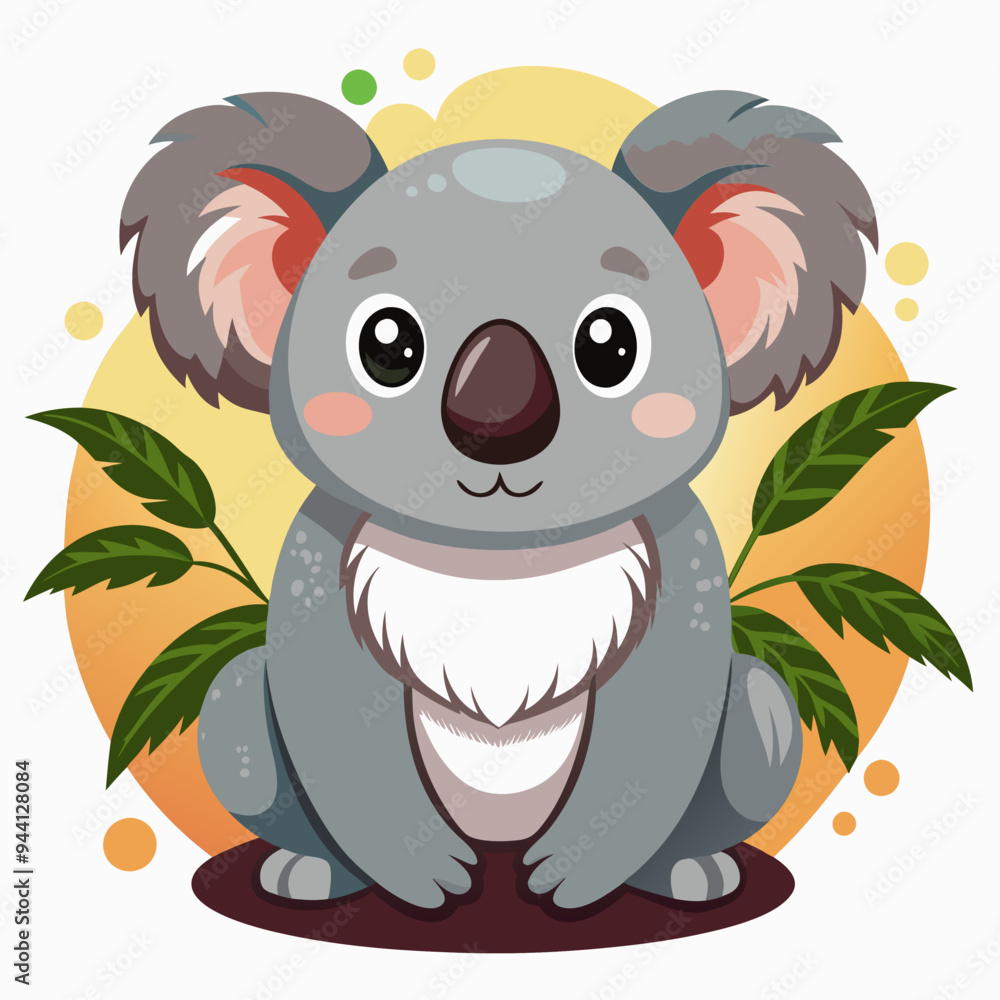 Obraz premium Adorable Cartoon Koala with Large Eyes and Green Leaves