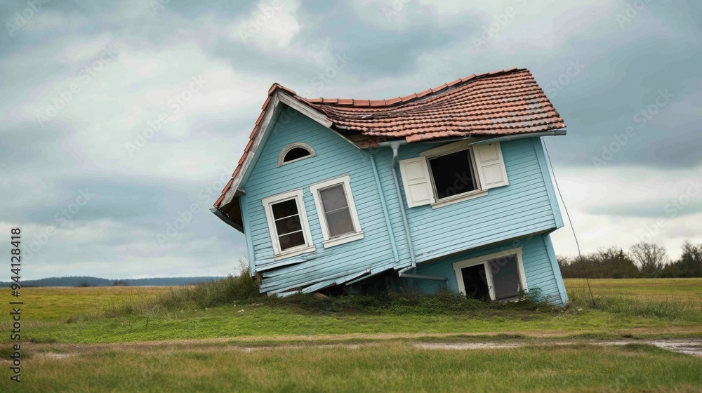 A blue house leans precariously on its side in a grassy field, surrounded by a dramatic sky, indicating the aftermath of a recent natural disaster A blue house leans precariously on its side in a grassy field, surrounded by a dramatic sky, indicating the aftermath of a recent natural disaster