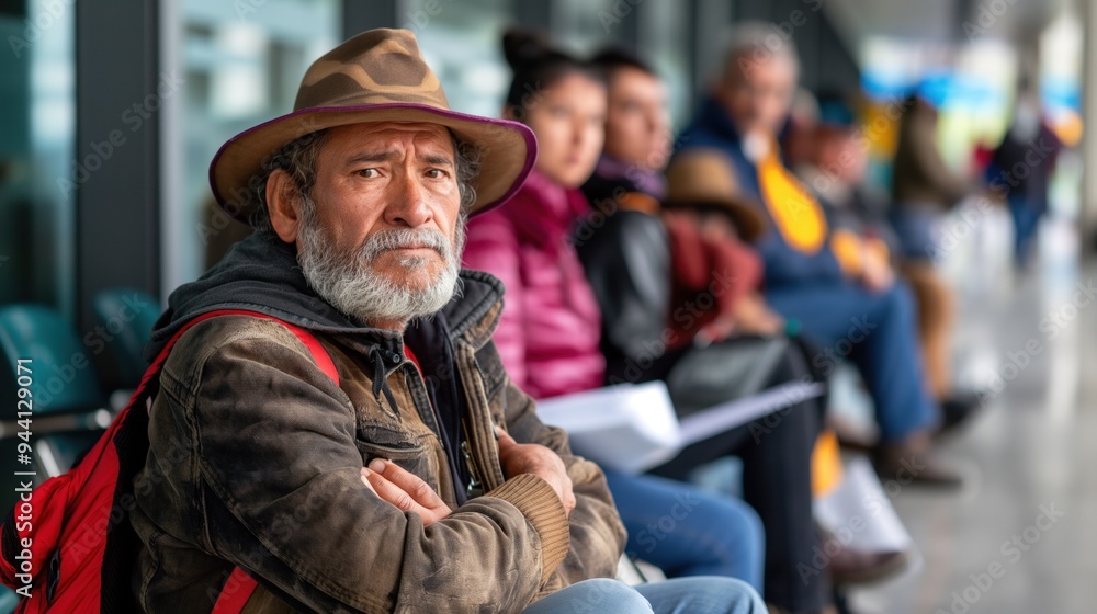 Migrants waiting at an immigration office, expressions of patience and hope, sense of bureaucracy and long process, indoor setting with officials and paperwork