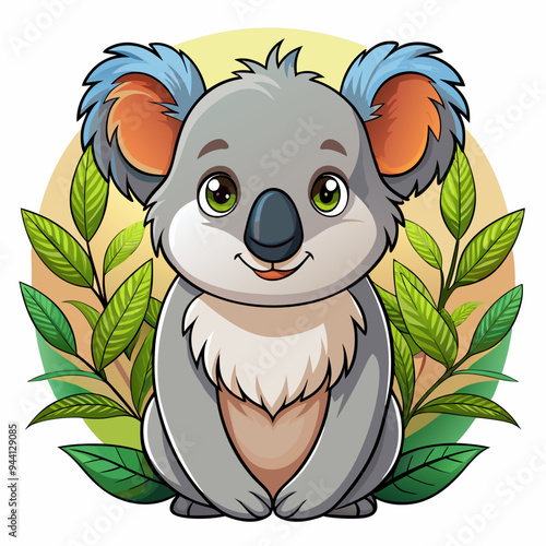 Cartoon Koala Bear Sitting in a Circle of Green Leaves