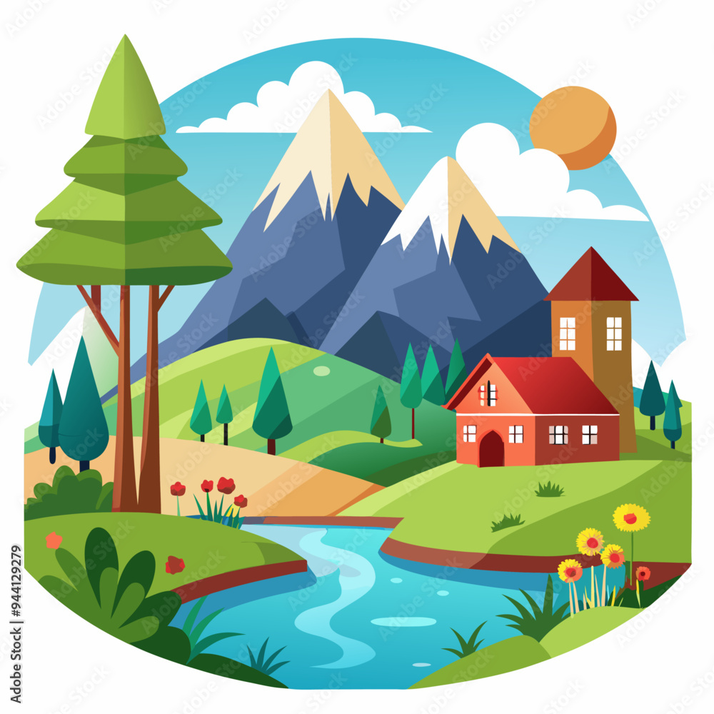 Fototapeta premium A Picturesque Mountain Landscape with a Stream and a House