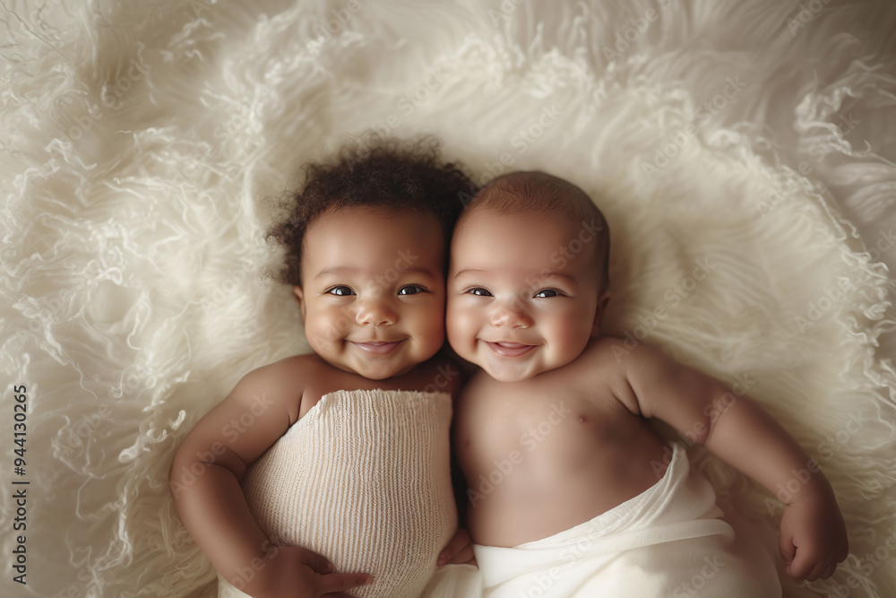 Two cute mix-race newborn babies intants awake smiling Two cute mix-race newborn babies intants awake smiling