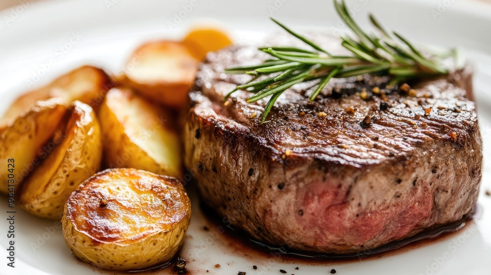 Close-up of a gourmet steak with a side of roasted potatoes Close-up of a gourmet steak with a side of roasted potatoes