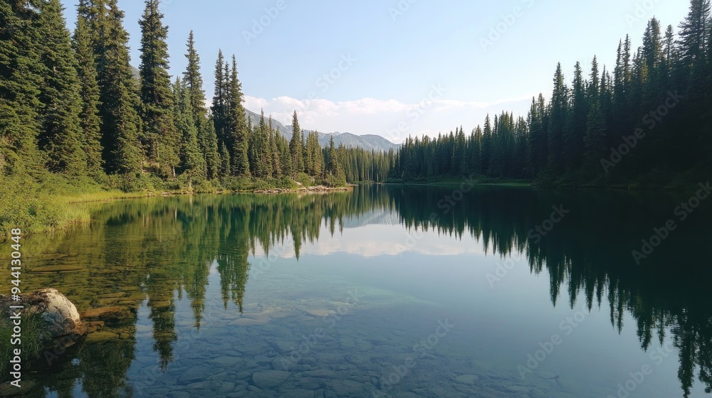 Serene Mountain Lake Reflecting Pine Trees Serene Mountain Lake Reflecting Pine Trees
