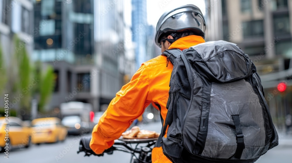 Courier delivering food in a bustling downtown area Courier delivering food in a bustling downtown area