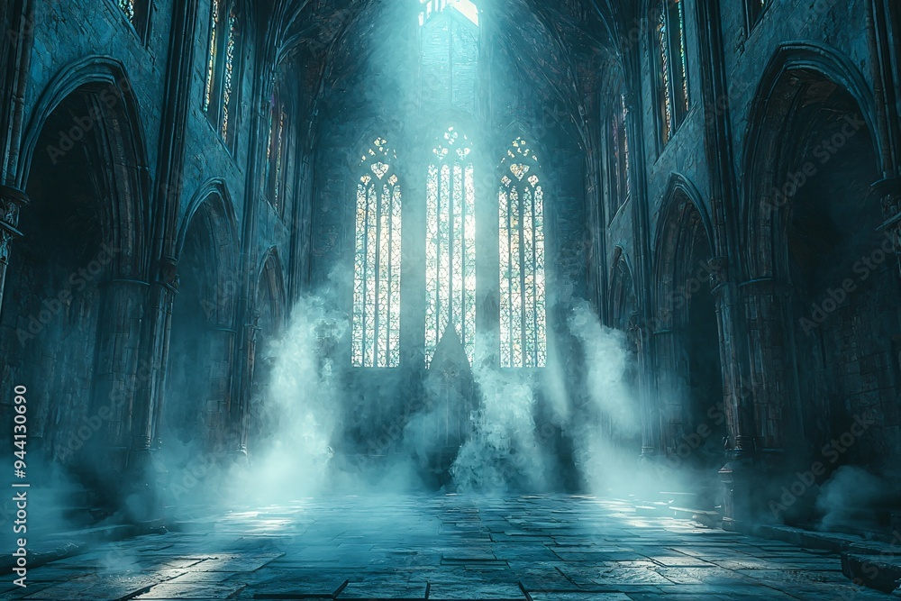 Halloween themed dark gothic interior of an ancient chapel hall, perfect for spooky invitations or decor with copy space. Halloween themed dark gothic interior of an ancient chapel hall, perfect for spooky invitations or decor with copy space.