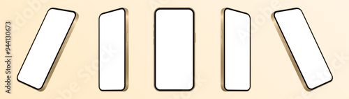 Mockup of a gold phone screen. Social media promotion. Advertising on a smartphone display. Device front view. 3D mobile phone. Cell phone. Beige background	