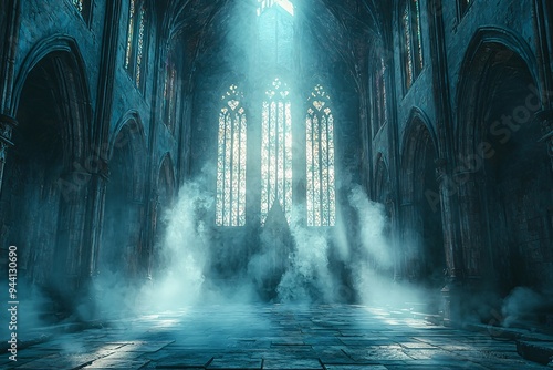 Halloween themed dark gothic interior of an ancient chapel hall, perfect for spooky invitations or decor with copy space.