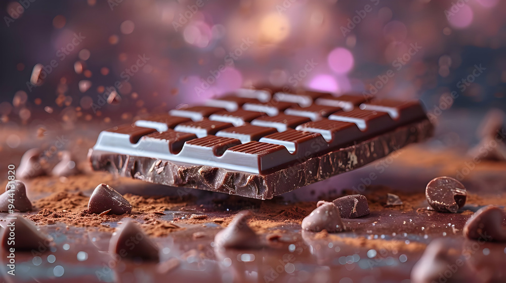 Chocolate Bar with Chips and Cocoa Powder - Realistic Image Chocolate Bar with Chips and Cocoa Powder - Realistic Image