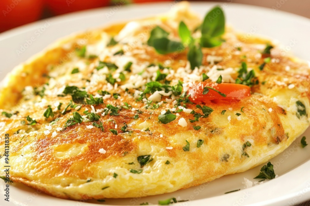 A close-up shot of an omelette on white plate, adorned with fresh herbs and parmesan cheese-gigapixel-hq-scale-6_00x A close-up shot of an omelette on white plate, adorned with fresh herbs and parmesan cheese-gigapixel-hq-scale-6_00x