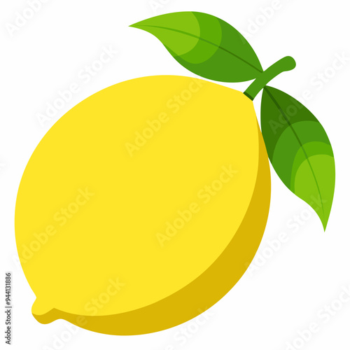 Yellow Lemon with Two Green Leaves