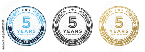 5 years anniversary logo with laurel wreath circle emblem vector design set isolated