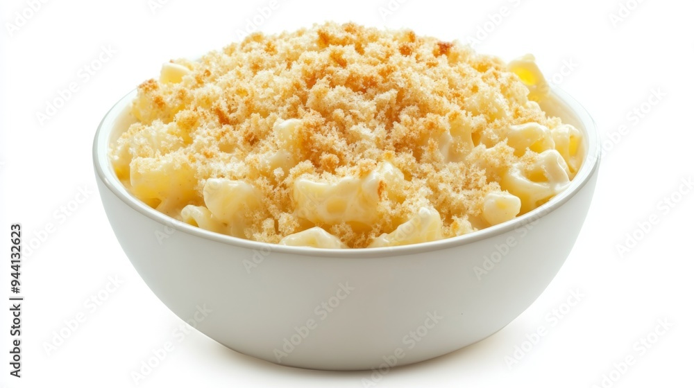 A bowl of creamy macaroni and cheese with a golden breadcrumb topping, set on a white background, highlighting its comforting appeal. A bowl of creamy macaroni and cheese with a golden breadcrumb topping, set on a white background, highlighting its comforting appeal.