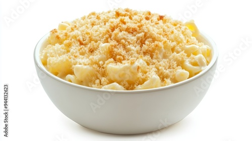 A bowl of creamy macaroni and cheese with a golden breadcrumb topping, set on a white background, highlighting its comforting appeal.
