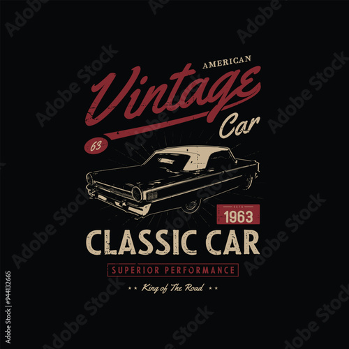 American Vintage Classic Cars Vector T-shirt Design Graphics. Old custom car t shirt with graphics illustration & prints black template, poster, background.