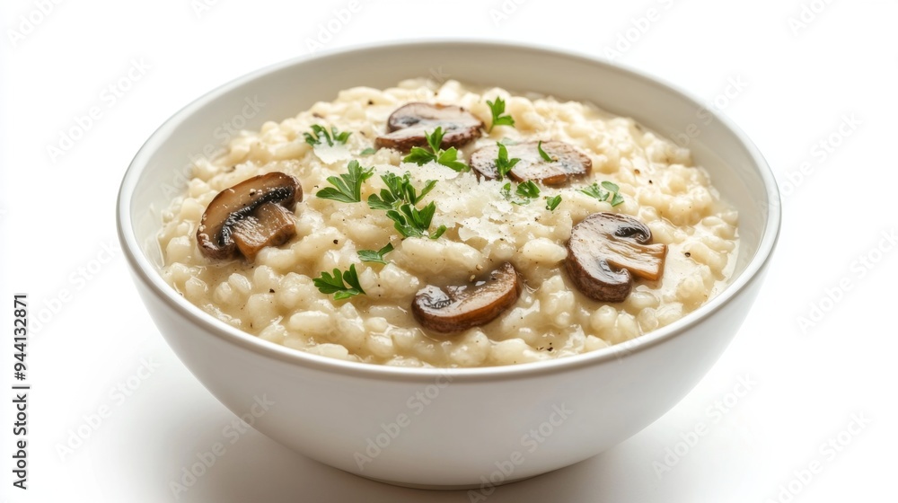 A bowl of creamy risotto with mushrooms and Parmesan, garnished with fresh parsley, centered on a white background for a clean, elegant look. A bowl of creamy risotto with mushrooms and Parmesan, garnished with fresh parsley, centered on a white background for a clean, elegant look.