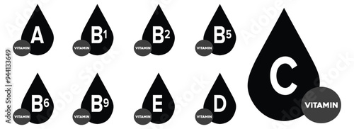 Multi Vitamin complex icons. Multivitamin supplement. Vitamin A, B, C, D, E. Essential vitamin complex. Healthy life concept