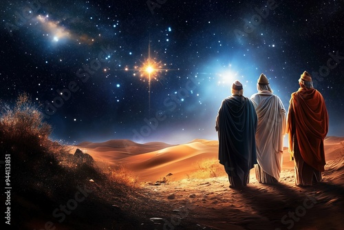 The three wise men walking through the desert following the star to Bethlehem