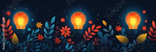 Eco friendly light bulb, three bulbs receives energy from green plants. Concept of environmental lighting and energy saving, alternative green energy technology. Background for banner photo