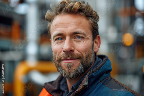 Middle aged caucasian male factory worker with positive expression, smiling, short beard, wearing work jacket with orange accents, against blurred background of factory or industrial facility