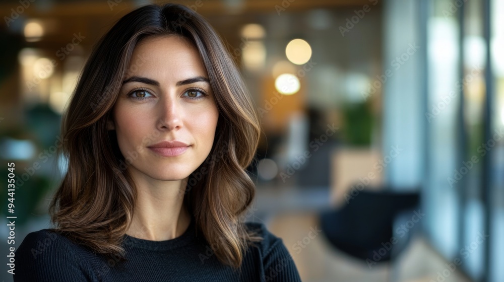 A businesswoman with medium-length hair, looking confidently at the camera, with her face in sharp focus and a modern office setting in the background. A businesswoman with medium-length hair, looking confidently at the camera, with her face in sharp focus and a modern office setting in the background.