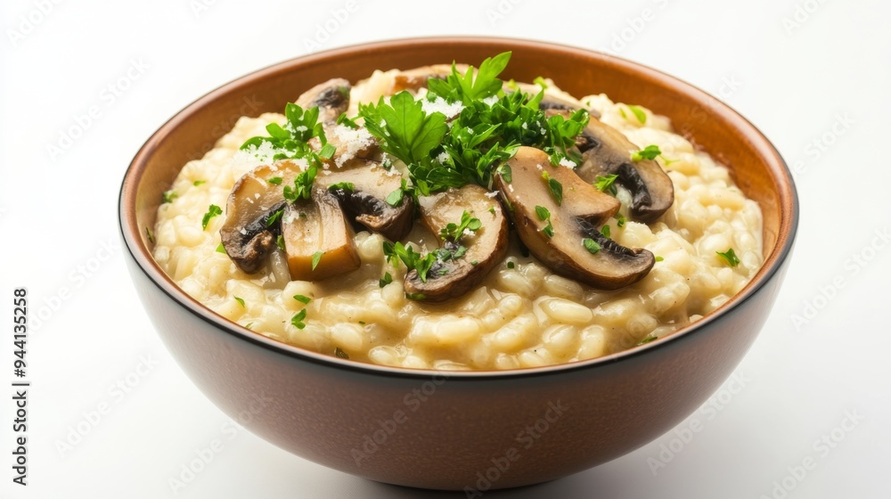 A bowl of creamy risotto with mushrooms and Parmesan, garnished with fresh parsley, centered on a white background for a clean, elegant look. A bowl of creamy risotto with mushrooms and Parmesan, garnished with fresh parsley, centered on a white background for a clean, elegant look.