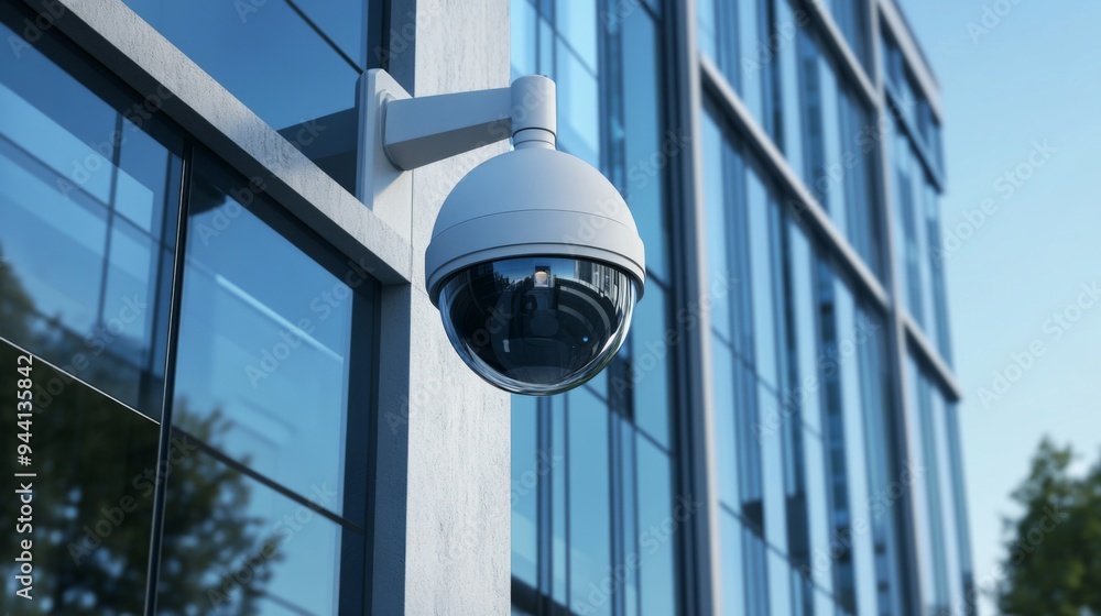A CCTV camera installed on the exterior of a commercial building, capturing a wide-angle view of the surrounding area with a focus on security and surveillance. A CCTV camera installed on the exterior of a commercial building, capturing a wide-angle view of the surrounding area with a focus on security and surveillance.