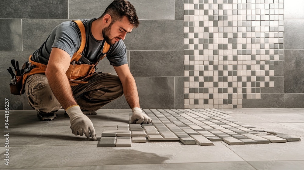 Tiler Laying Ceramic Tiles in a Bathroom