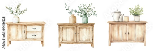 Wallpaper Mural Charming wooden cabinets adorned with greenery, perfect for minimalistic home decor and enhancing interior aesthetics. Torontodigital.ca