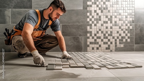 Obraz na płótnie Tiler Laying Ceramic Tiles in a Bathroom w salonie