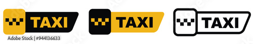 Taxi service badge. Taxi sign. Yellow and black sticker of taxi calling service. 24-7 service. Vector illustration.
