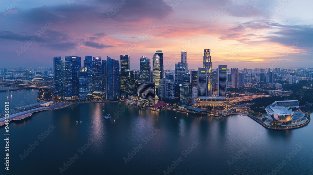 Aerial view of Singapore business district and city at twilight in Singapore, Asia Aerial view of Singapore business district and city at twilight in Singapore, Asia
