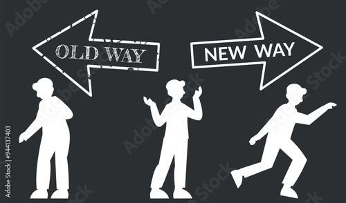 man decides to make changes with arrow old way vs new way, concept of improvement