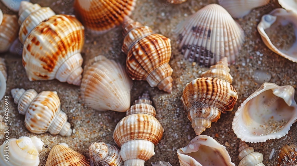 A close-up view of assorted seashells, including some with unique patterns, scattered over a clean, neutral-toned sandy beach A close-up view of assorted seashells, including some with unique patterns, scattered over a clean, neutral-toned sandy beach