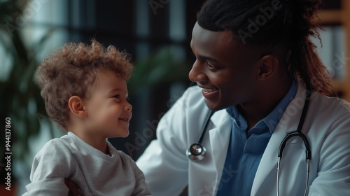 African American pediatrician examines a small patient. He is friendly, expresses confidence. International Doctor's Day.