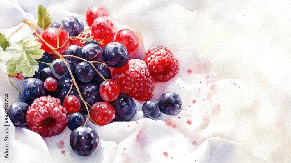 Watercolor Painting of Red and Black Berries on White Fabric Watercolor Painting of Red and Black Berries on White Fabric